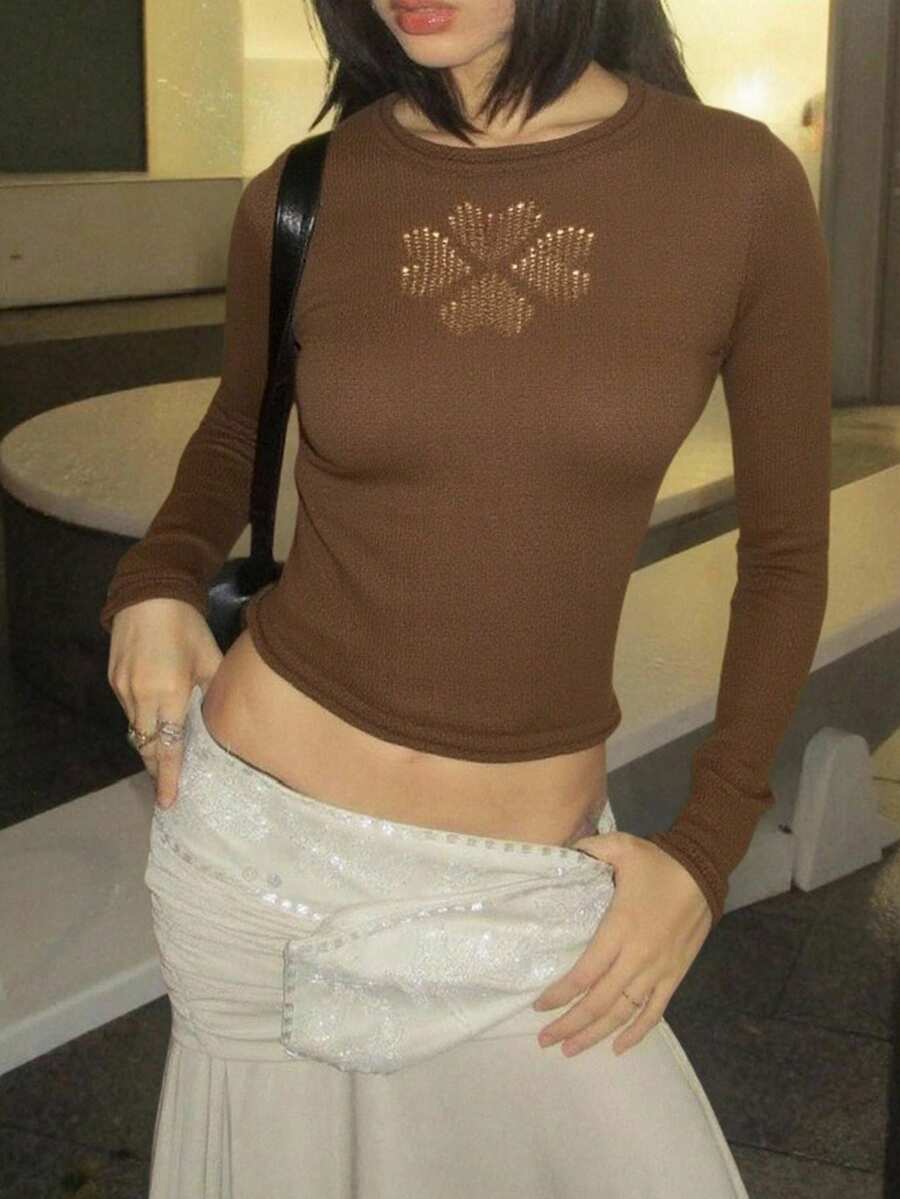 INAWLY 性感镂空修身圆领长袖毛衣,咖啡色 - 咖啡棕 - 查看 1
