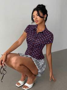 Aloruh 女士优雅通勤休闲纯白色短袖褶裥腰身衬衫，春夏百搭短袖纽扣波点衬衫，外出上衣 - 彩色 - 查看 3