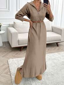 EURMUSE Long Sweater Dresses With Zipper Details,Petite - Camel - View 5