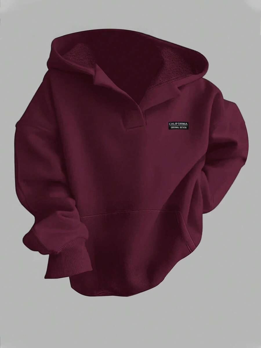 SHEIN EZwear Áo sweatshirt nữ dáng rộng, màu tím đỏ, tay dài, có túi, thích hợp cho mùa thu/đông. - Màu đỏ tím - Xem 1