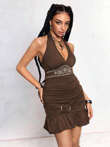 ROMWE Hippie Sexy Summer Vacation Halter Bowknot Tie Strap Embroidered Floral Low-Cut Coffee Color Women Mini Dress