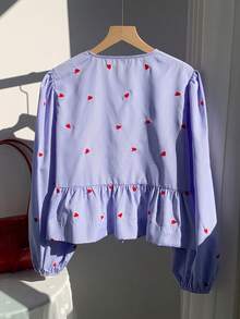 SHEIN EZwear Áo nữ dệt sọc xanh có trang trí nơ, tay dài - Màu xanh nhạt - Xem 2