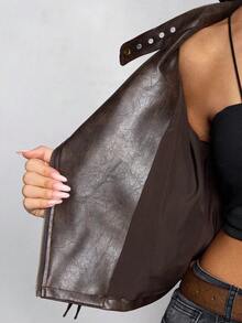 ROMWE Chaqueta corta de mujer de tela de PU con decoración de tachuelas, estilo retro, vintage, hippie y rockero para festivales de música - Marrón - Ver 8