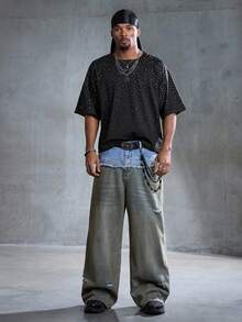 ROMWE MEN Street Life Quần Jeans Nam Cổ Điển, Vải Cotton, Vải Chắp Vá, Rách, Đã Giặt - Màu xanh lam - Xem 5