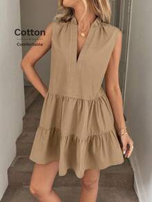 Easowa Women's Casual O-Neck Sleeveless A-Line Frill Trim Pocket Mini Dress For Holiday And Daily Wear Tiered Dress Khaki Dress Tan Dress Women Brown Summer Dress Women Vacation Dress - Khaki - View 5