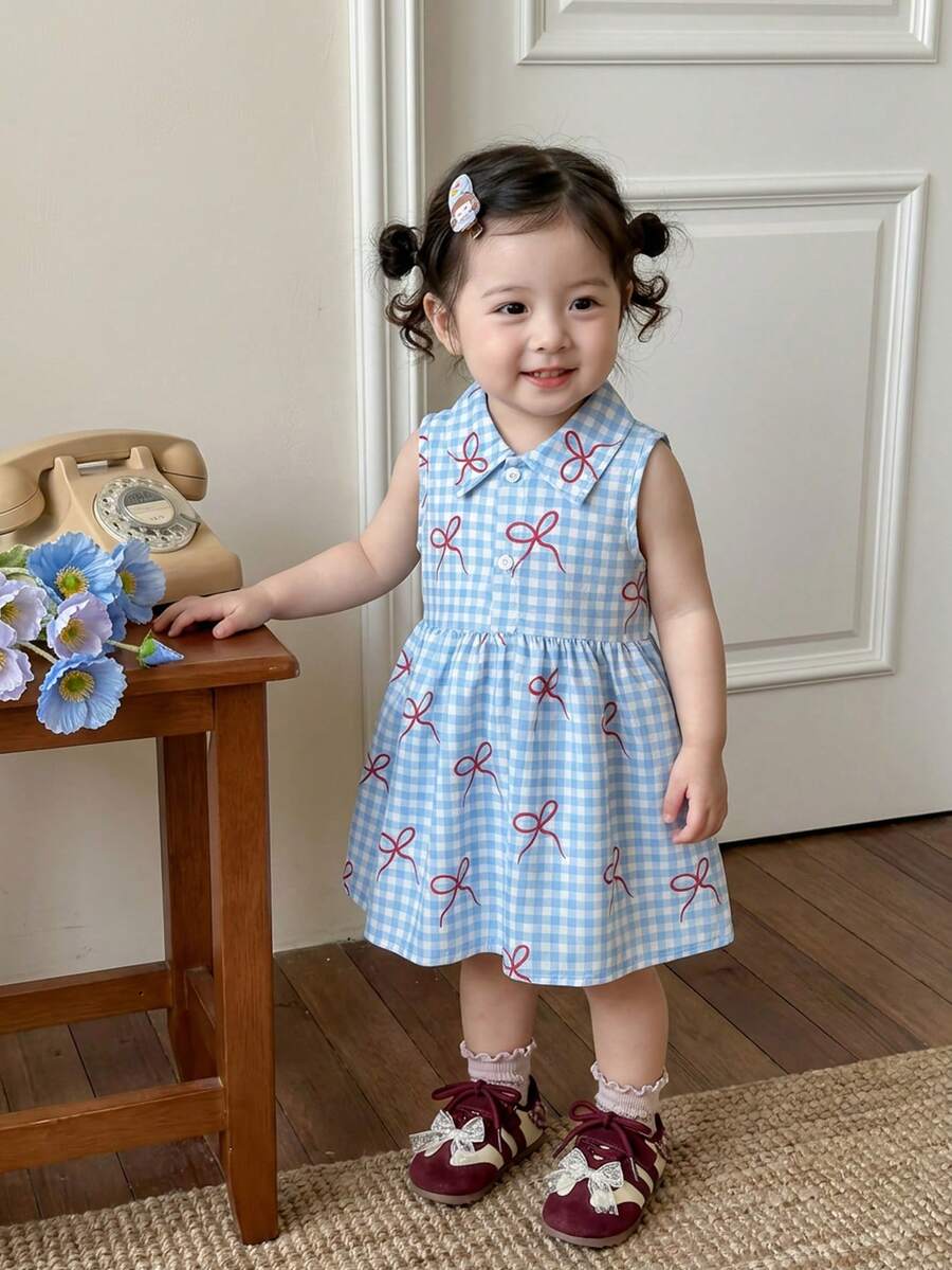 SHEIN Vintaside Kids 女婴可爱彩色格子无袖polo领连衣裙，适合夏季购物和户外玩耍 - 藍色 - 查看 1