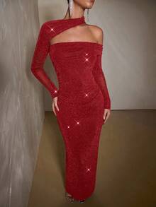 SHEIN BAE 优雅黑色不对称领长袖修身连衣裙，黑色连衣裙，正式礼服，派对礼服，鸡尾酒礼服 - 紅色 - 查看 5