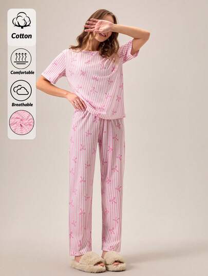 SHEIN TALL SIZE Women COTTON 2pcs Striped&Botwpattern Round Neck Short Sleeved Shirt&Pants Homewear Cute Pajama Set