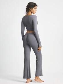 Ocili Women's Solid Color Long Sleeve Round Neck Fitted Crop Top & Pants Casual Lounge Set, Winter Clothes - Grey - View 3