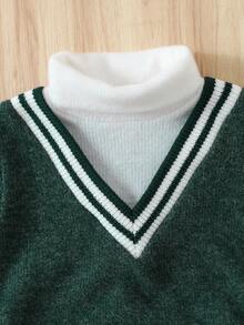 SHEIN Baby Boy V-Neck 2 In 1 Knitted Sweater, High Collar Knit Pullover For Autumn/Winter - Army Green - View 7