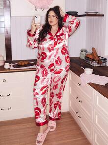 SHEIN Ensemble de pyjama grande taille à manches longues avec col à revers et imprimé lèvres en couleur contrastée - Multicolore - Voir 4