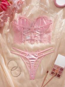 SHEIN 2pcs Lace Eyelash Bandeau Underwire Bra And G-String Lingerie Set