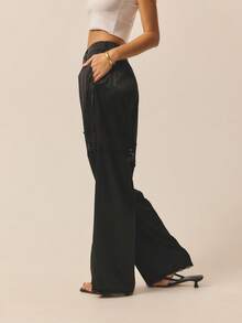 Aralina Pantalones relajados de cintura alta con inserto de encaje, elegantes para fiestas de Navidad, Año Nuevo y Acción de Gracias - Negro - Ver 5
