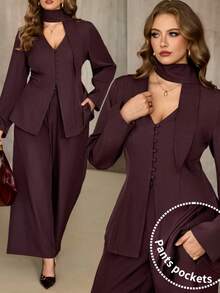 Roveilla 大码女式两件套，V领系带长袖衬衫，前襟纽扣，不对称下摆，搭配前拉链高腰阔腿裤，优雅复古法式风格，适合办公室、商务、休闲、派对、圣诞节、感恩节、新年、秋冬季等场合。两件套裤装，优雅女式裤装套装，女士优雅裤装套装，女士两件套，女士两件套，女士优雅两件套，女士优雅裤装，带口袋的女士套装 - 紫紅色 - 查看 3