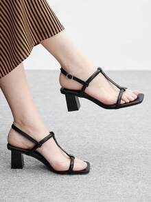 CUCCOO BIZCHIC Women's Fashion Square Toe Chunky Heel Sandals, Summer - Black - View 1