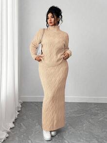 Elenzga 大码毛衣和紧身半裙两件套，休闲宽松圆领套头衫曲线半裙两件套连衣裙套装，端庄两件套，优雅曲线两件套。 - 卡其色 - 查看 6