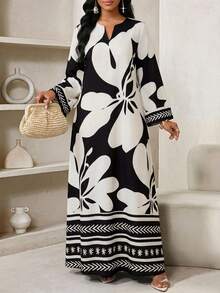 SHEIN Lady Women's Floral Print V-Neck Long Sleeve Loose Dress, Vacation Style - Black and White - View 3