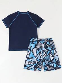 Boys Two Pieces Rash Guard Swimsuits Teen Boy Vacation Short Sleeve Sunsuit Swimwear Sets 12-16Y Summer Vacation Thermal Christmas Holiday Festival New Years Valentines Swim Teen Boy Swim Set Boys Swim Trunks Rash Guard Boys Short Sleeve Top Boys Swim Trunk Rash Guard Teen Boy Beach Wear Boys Swim Set - Blue - View 2