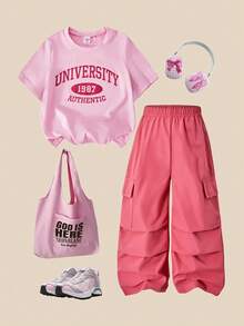 SHEIN 两件套女童字母印花白色短袖T恤和亮片蝴蝶结装饰粉色工装裤，时尚夏季套装 - 粉色 - 查看 6