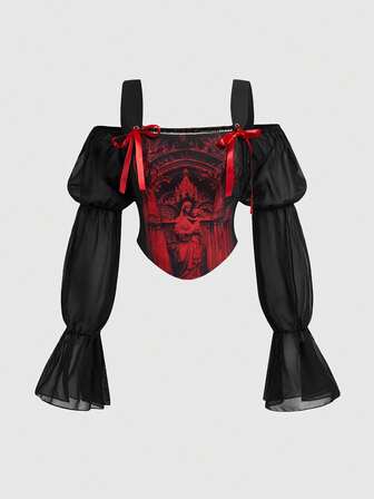 Goth Gotischer mittelalterlicher Palast-Stil Kirchen- & Schloss-Muster Kontrast-Farbe tief ausgeschnittene figurbetonte Schnürbluse mit Puffärmeln