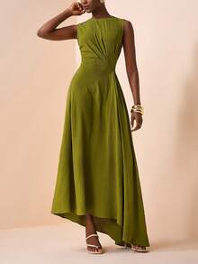 Zivah 2026春夏新品，适合情人节、音乐节、复活节、西部风、游牧风、波西米亚风、纳什维尔风、派对、婚礼、晚宴、约会、聚会、生日、学院风、学生装、日常休闲、百搭基础款、休闲度假、邮轮旅行、海滩、日光浴、爆款、优雅、通勤、商务休闲等场合。无袖圆领，腰部扭结褶皱设计，不对称下摆，修身A字长裙，绿色长裙，春夏长裙，派对长裙，性感长裙，女士长裙 - 綠色 - 查看 3