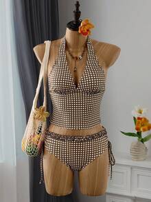 Swim Vcay Summer Women Tankinis 2 Piece Set, Coffee Plaid Print Ruffle Halter Neck Tie Top, Drawstring Side Ruched Bikini Bottom Swimsuit - Multicolor - View 3