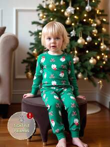 适合幼儿男孩的舒适睡衣套装，长袖上衣和裤子，圣诞主题棒棒糖和蝴蝶结印花，日常家居服 - 綠色 - 查看 1