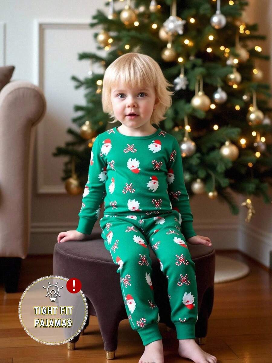 适合幼儿男孩的舒适睡衣套装，长袖上衣和裤子，圣诞主题棒棒糖和蝴蝶结印花，日常家居服 - 綠色 - 查看 1