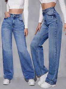 SHEIN Essnce 宽松版型破洞直筒牛仔裤 - 中等水洗藍 - 查看 1