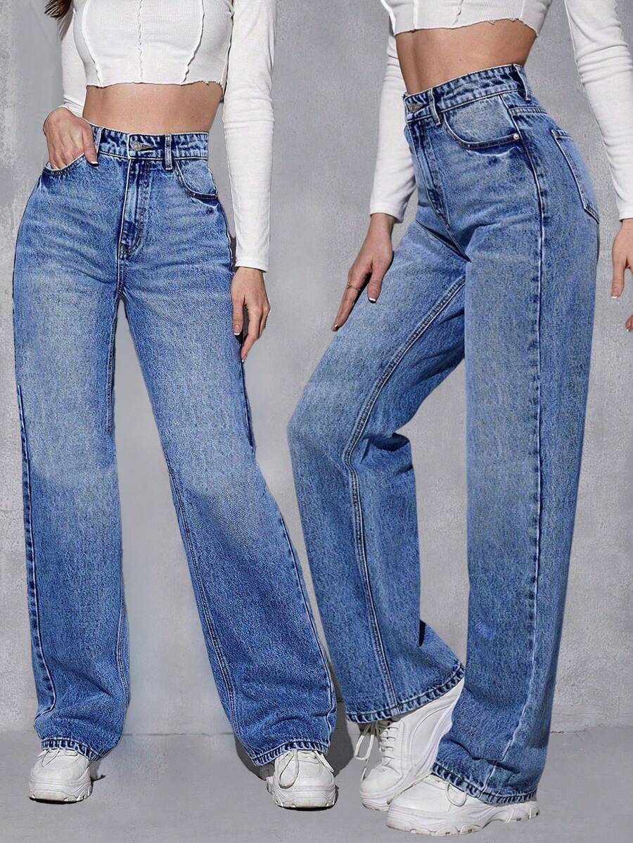 SHEIN Essnce 宽松版型破洞直筒牛仔裤 - 中等水洗藍 - 查看 1