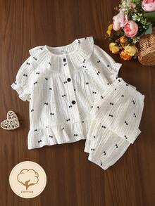女婴纯棉褶皱蝴蝶结波点印花荷叶领开衫短袖套装（含裤子）休闲家居服 - 彩色 - 查看 1