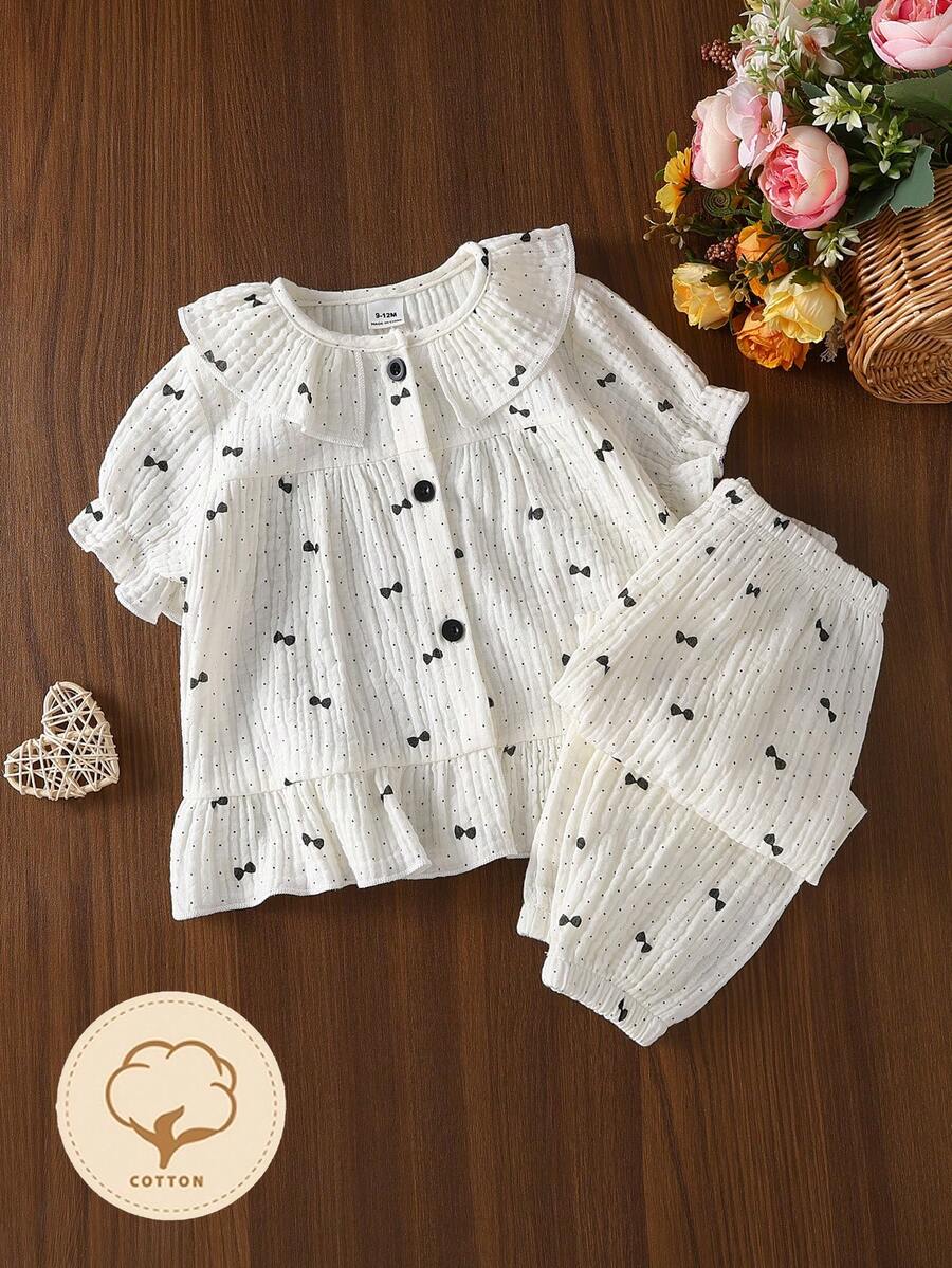 女婴纯棉褶皱蝴蝶结波点印花荷叶领开衫短袖套装(含裤子)休闲家居服 - 彩色 - 查看 1