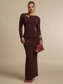 Silquee Burgundy Asymmetric Hollow Neck Elastic Fitted Ruched Dress With Gold Decor Buttons, Suitable For Romantic Dates, Wedding Parties, Valentine's Day - Coffee Brown - View 3
