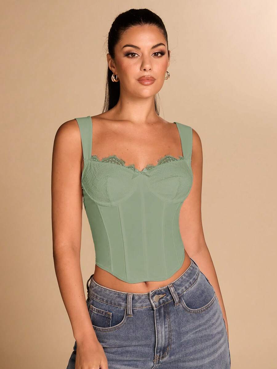 SHEIN BAE 女士纯色蕾丝拼接蝴蝶结装饰时尚百搭塑形吊带背心 - 薄荷綠 - 查看 1
