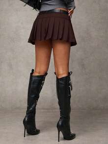 SHEIN BAE Women's Fashionable Versatile Solid Color Low Waist Pleated Mini Skirt - Coffee Brown - View 2