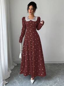 Modelyn 女士黑色花卉印花拼接领长袖A字系腰优雅花卉连衣裙 - 摩卡棕 - 查看 7