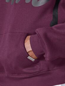 SUMWON Oversized Winter Graphic Logo Pullover Hoodie Centre Pocket Front Drawstring Casual Streetwear College Fashion Statement - Burgundy - View 6