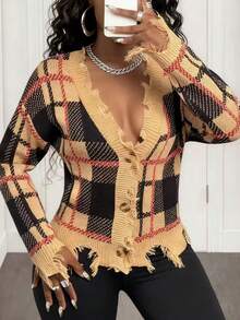 BamGleam Áo khoác cardigan nữ, tay dài, cổ chữ V, cài nút, họa tiết kẻ caro, trang trí tua rua, phong cách đường phố giản dị nhưng thanh lịch, mùa đông dành cho nữ, mùa đông, áo khoác mùa đông nữ. - Cà phê nâu - Xem 6