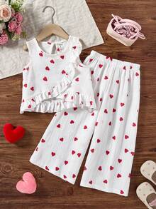 Conjunto de top con cuello de volantes con estampado de corazón y rayas en el bajo, y pantalones anchos de pierna ancha para niñas, adecuado para fiestas de San Valentín, primavera/otoño - Multicolor - Ver 1