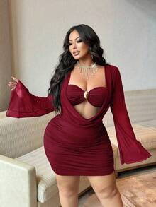 NU&NOW Plus Size Women's Bodycon Dress, Sexy Sheer Mesh Bell Sleeve Metal Buckle Party Dress, Suitable For Autumn/Winter/Summer - Burgundy - View 4