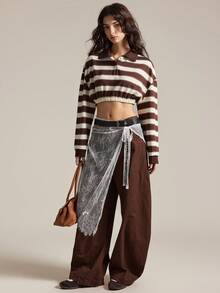 Easelle Áo thun chui đầu tay dài thời trang, cài nút nửa thân, in họa tiết sọc - Nhiều màu - Xem 3