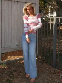 Sydney Algeri Striped Print Crew Neck Casual Pullover Sweater,Long Sleeve Tops Knit Pullover Fall Winter Outfit - Multicolor - View 1