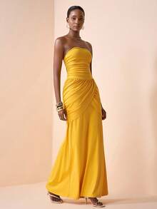 Zivah 2026 Spring/Summer New Elegant Commuter Business Casual Strapless Sleeveless Ruched Front Waist Sash A-Line Dress, Ginger Yellow, Spring/Summer Dress, Wedding Guest Dress, Evening Gown - Yellow - View 4