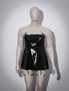 AltCore Plus Size Women Sexy Bustier Bra With Bowknot Decor, PU Leather Patchwork - Black - View 6