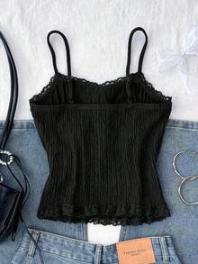 少女黑色针织纹理吊带背心，蝴蝶结蕾丝饰边，可叠穿或单穿，适合返校、度假、日常休闲穿着 - 黑色 - 查看 2