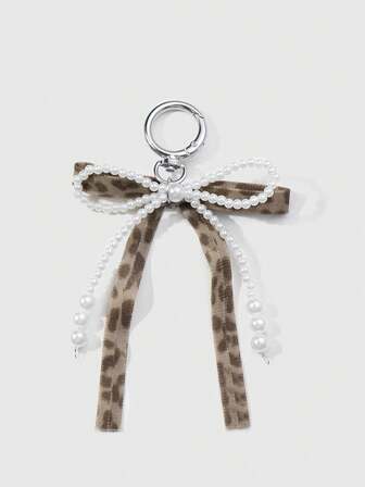 Kawaii 1 pieza Llavero/Colgante de bolso de estilo coreano elegante y de alta calidad, hecho a mano con perlas blancas falsas, estampado de leopardo marrón y lazo de terciopelo, adecuado para mujeres, uso diario o regalo