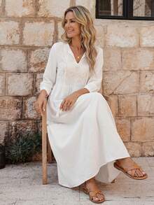 EMERY ROSE Đầm tay đèn lồng cổ buộc tua rua họa tiết hình học dành cho nữ, đi nghỉ - trắng - Xem 1