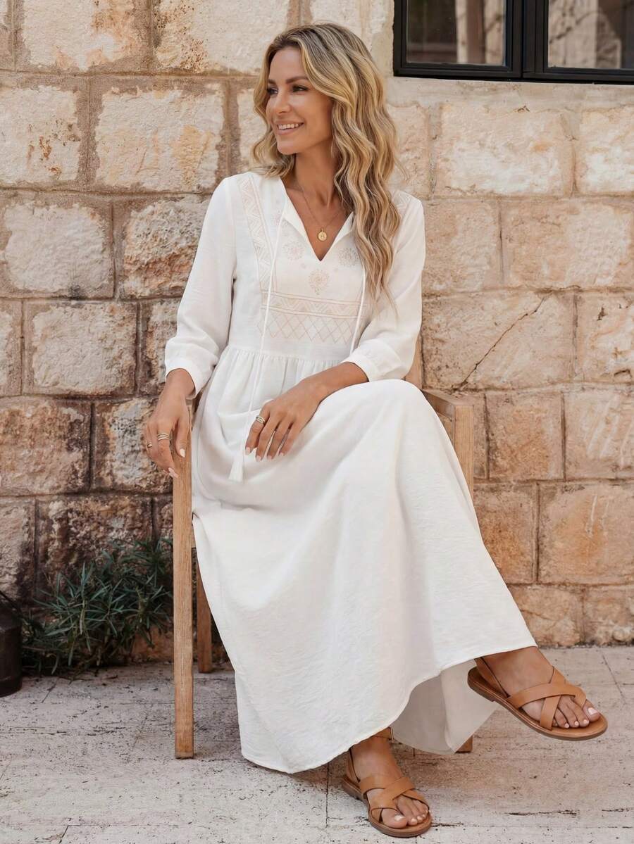 EMERY ROSE Đầm tay đèn lồng cổ buộc tua rua họa tiết hình học dành cho nữ, đi nghỉ - trắng - Xem 1