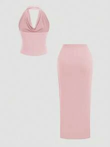 Sweetra Plunging Neck Backless Halter Top & Side Slit Skirt Set - Baby Pink - View 2