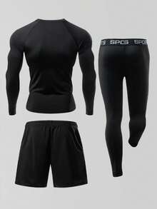 Manfinity Sport Polished 男式公牛印花插肩长袖T恤、短裤和紧身裤运动套装 - 黑色 - 查看 2
